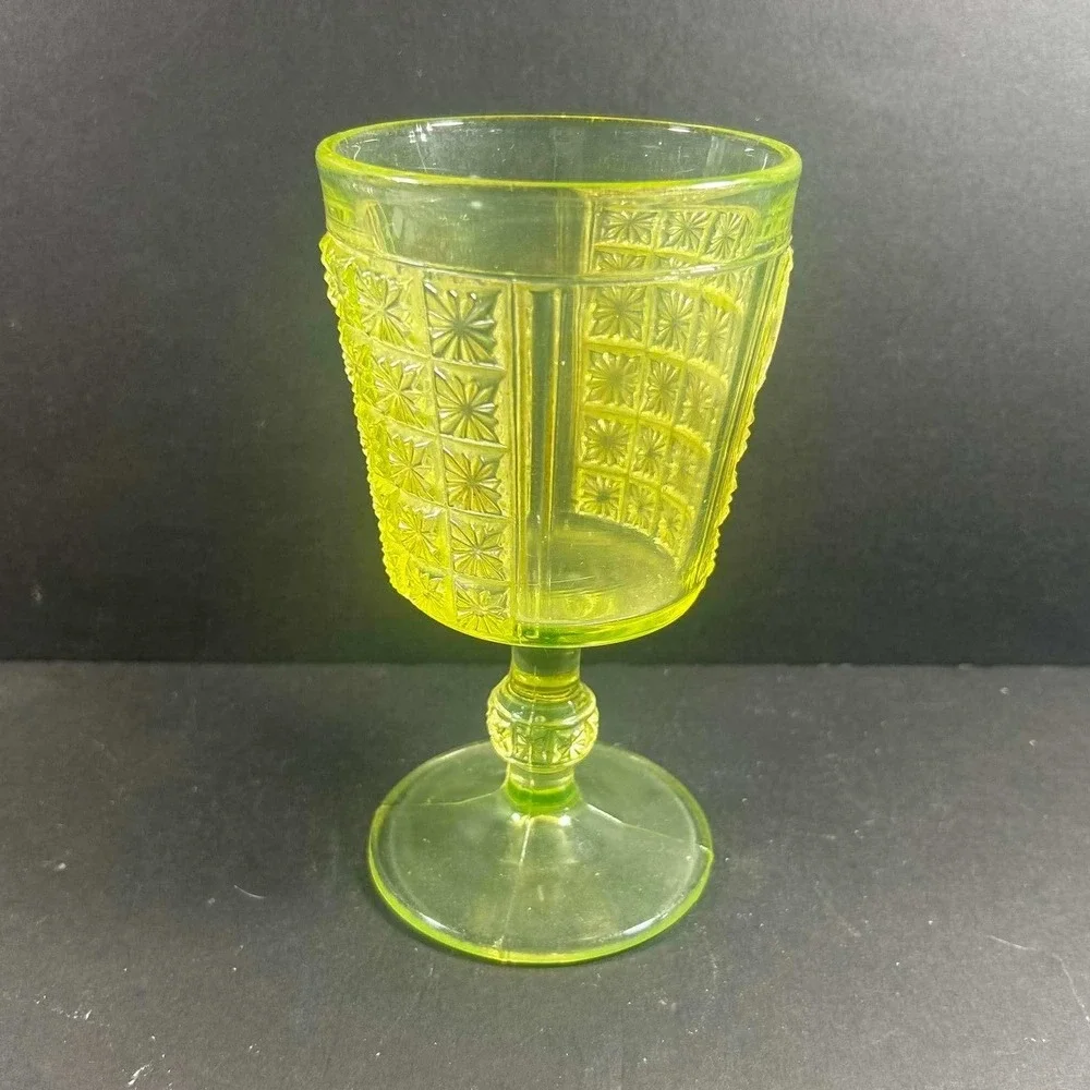 Vaseline Glass Goblet Yellow Green Star Panel Pattern Depression Glass
